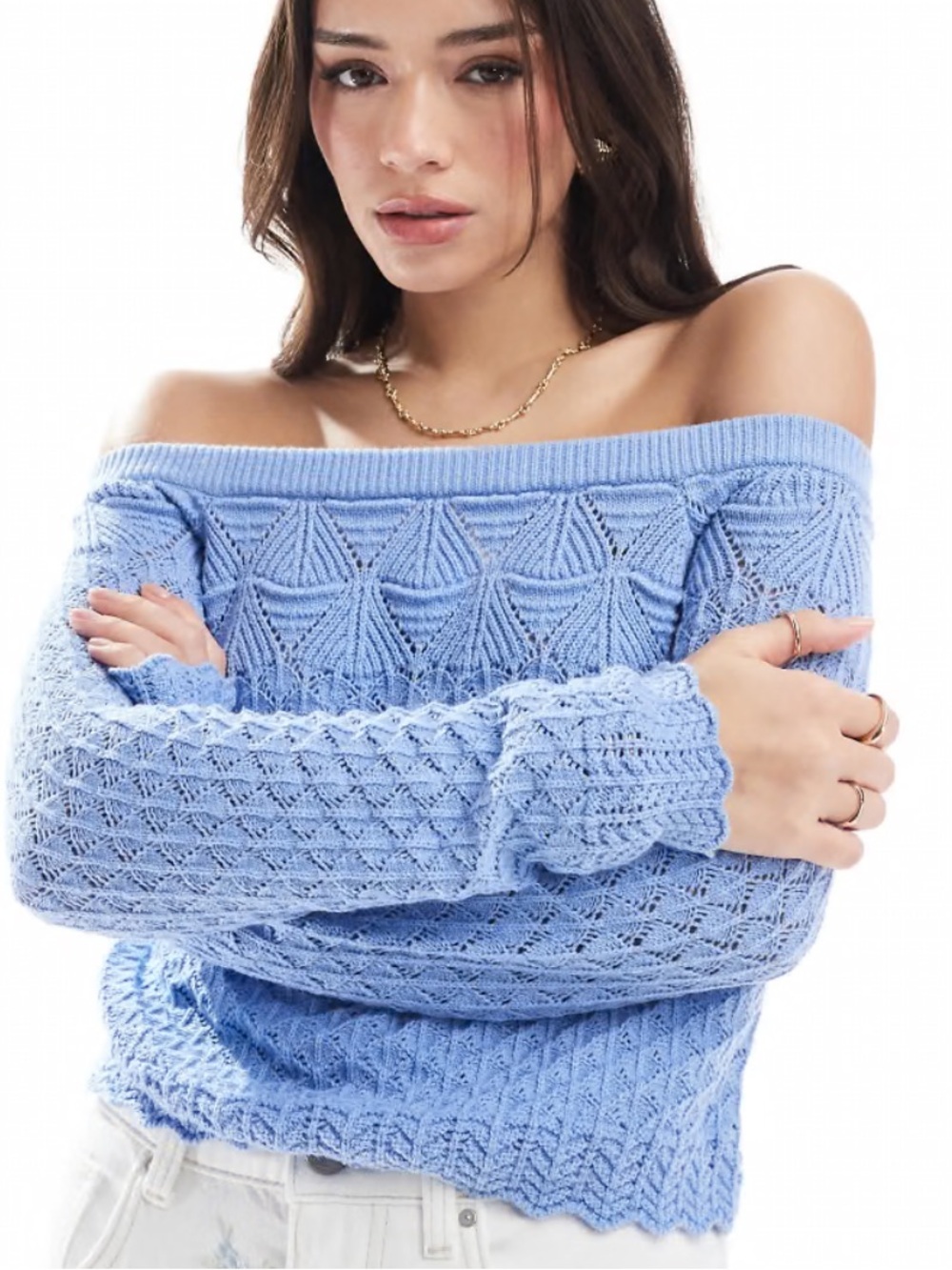 Hollister Blue Off-Shoulder Cropped Knit Sweater